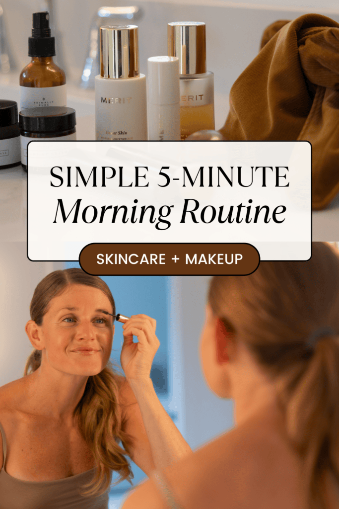 Pinterest pin for a simple 5-minute morning make up routine picturing a bag of makeup and skincare products