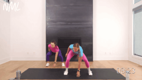 women performing high knees with a lateral squat tap down as example of beginner cardio workout