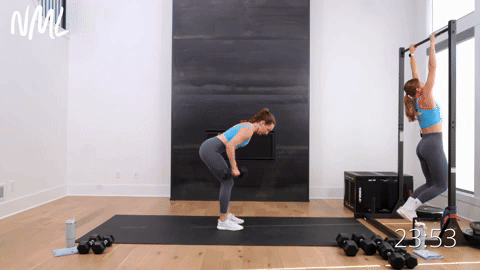 one woman performing pull ups and one woman performing a back row and dumbbell clean in a full body workout