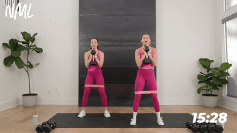 women performing goblet squat as example of lower body strength exercises