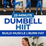 dumbbell HIIT workout with high knees, woodchop and power bicep curl.
