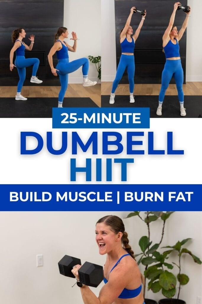 dumbbell HIIT workout with high knees, woodchop and power bicep curl.