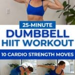 Dumbbell HIIT workout PDF with women flexing with 2 dumbbells, doing a plank knee drive and a lateral lunge.