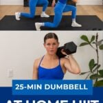 dumbbell HIIT workout PDF women holding a dumbbell at her shoulder and two women doing lunges.