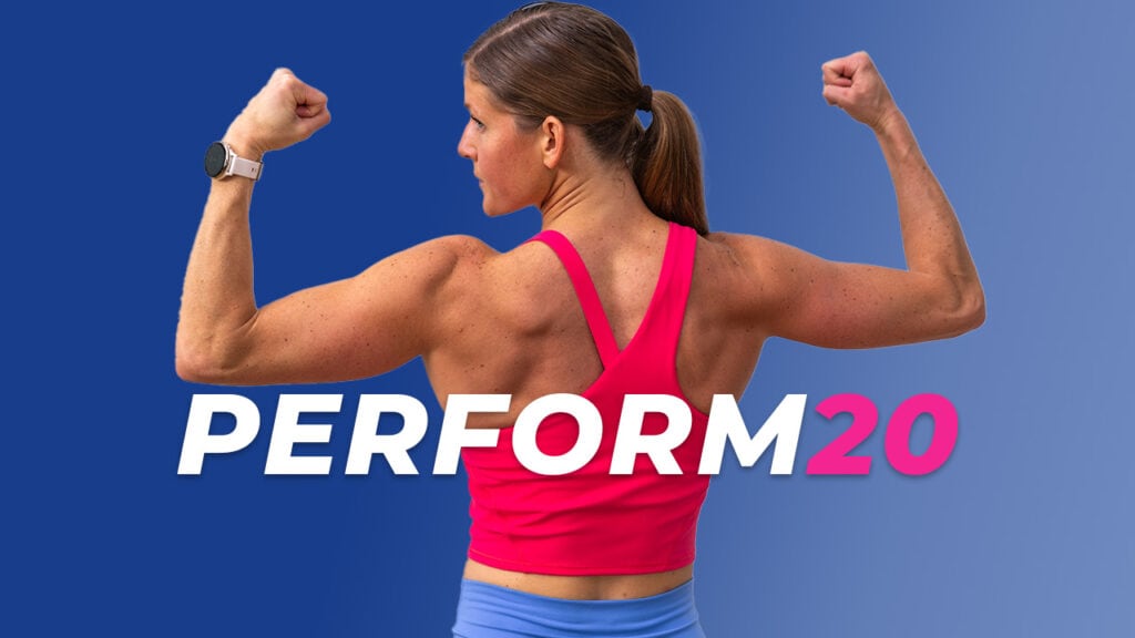 woman flexing with text overlay describing dumbbell workout plan