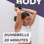 Woman performing standing tricep extension as part of full body abs workout