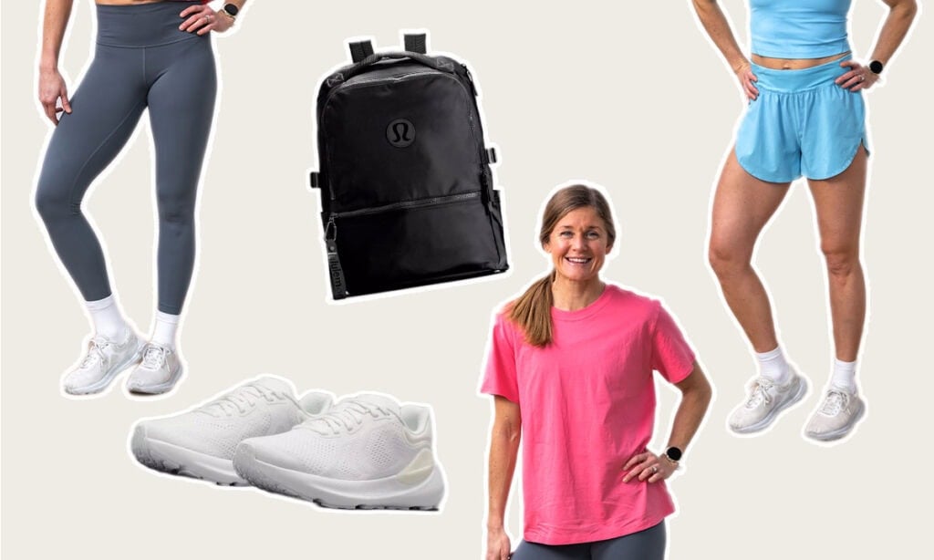 Graphic with wunder train leggings, pink all yours cotton tee, fast and free shorts, beyondfeel running shoes and new crew backpack.