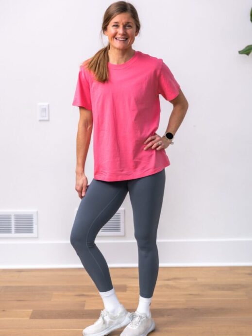 Women wearing grey wunder train leggings, pink all your cotton t-shirt and beyond feel running shoes from luluelmon.