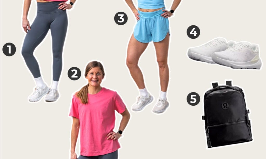 Graphic with wunder train leggings, pink all yours cotton tee, fast and free shorts, beyondfeel running shoes and new crew backpack.