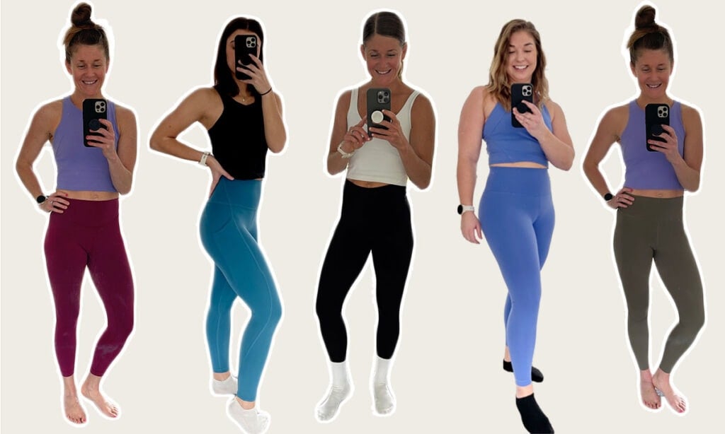 Four women taking selfies while wearing lululemon leggings