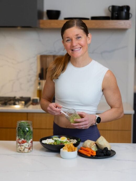 High protein with salad, wrap, peta chips, and homemade dressing.