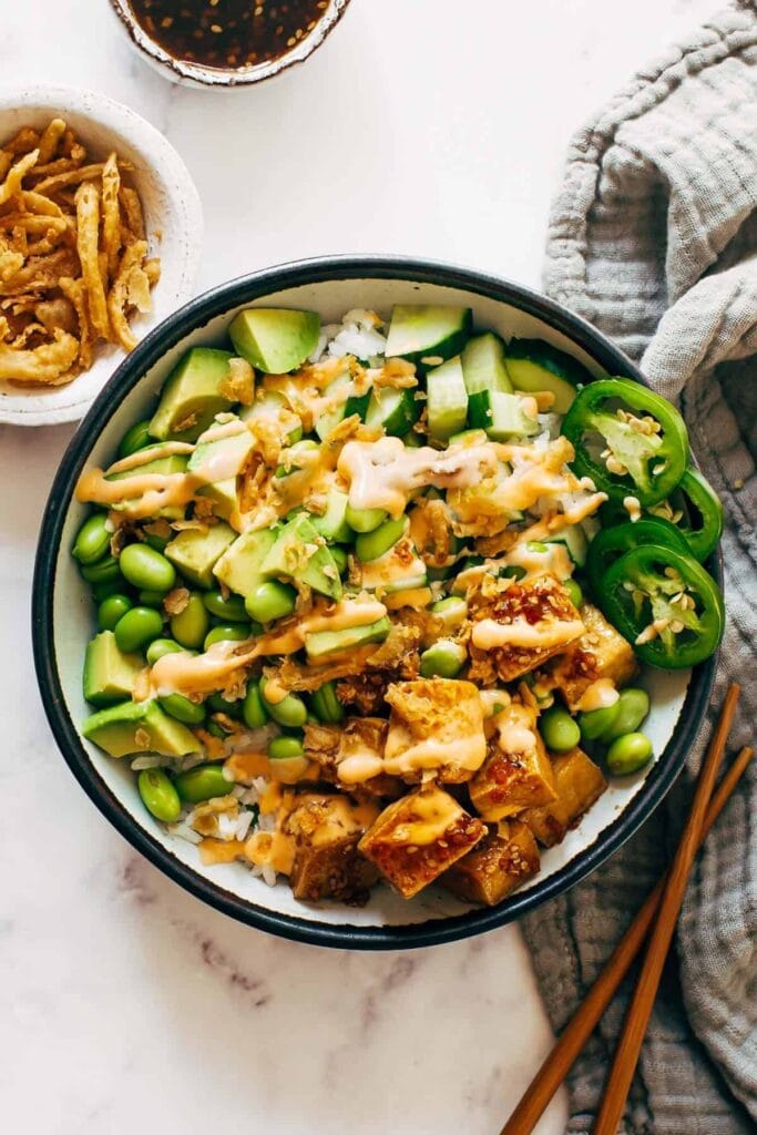 Crunch roll bowls as a high protein Vegetarian meal