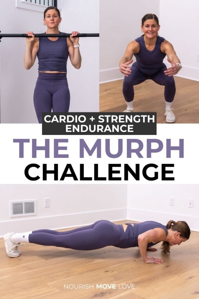 The murph challenge graphic with a pull up, squat, push up and pull up.