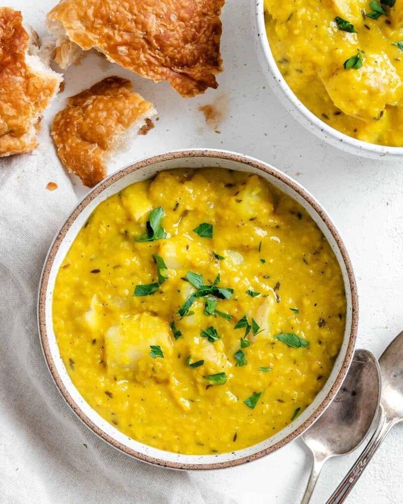 Potato lentil turmeric soup plant as part of a high protein Vegetarian meals. 