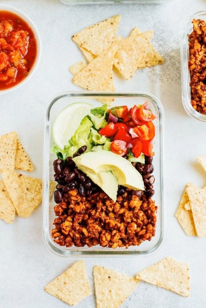 Tempeh taco salad meal prep bowl | high protein Vegetarian recipes
