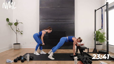 woman performing an incline plank and row and woman performing a single arm back row in a back and bicep workout