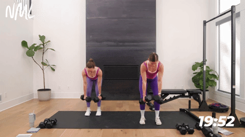 two women performing dumbbell back rows in a back and bicep workout