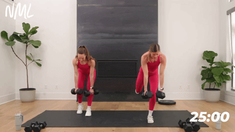 two women performing a single leg deadlift and alternating back row in a strength workout for runners
