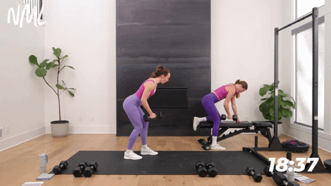 two women performing single arm back flys in a back and bicep workout
