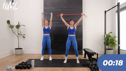 two women performing face pulls with a resistance band in a back and bicep workout