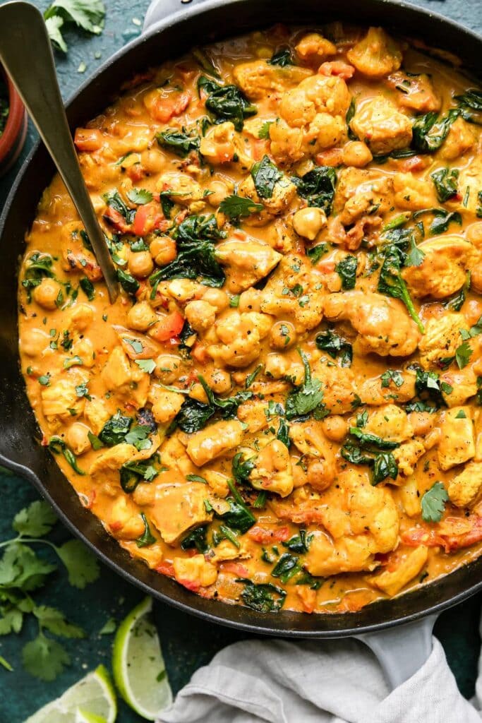 Chicken and chickpea curry made with chicken breast in one skillet. 
