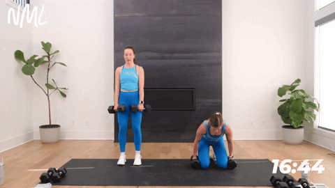 One women performing a Kneeling Hinge Clean to Stand Up. one women performing a deadlift into a knee drive. 