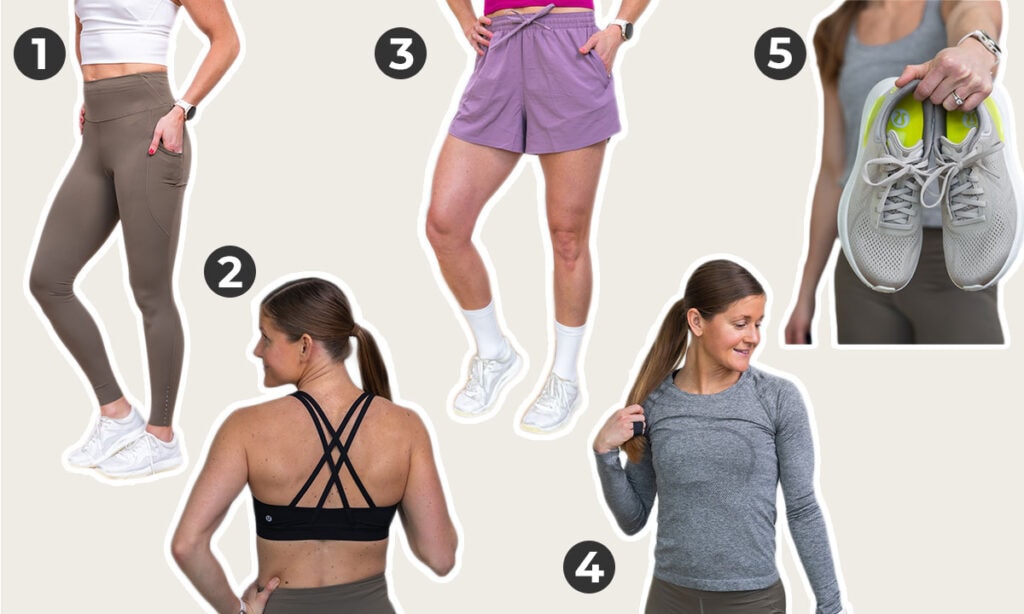 lululemon running gear fast and free leggings, pace rival shorts, energy bra, Swiftly tech long sleeve and beyondfeel running shoes.