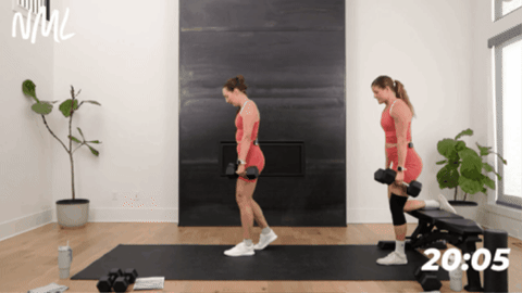 One women performing a staggered deadlift. One women performing a Rear Foot Elevated Deadlift on a bench.