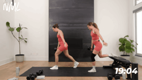 One women performing split lunges. One women performing Bulgarian Split Squat on a bench.