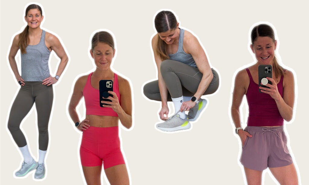 collage of four woman posing wearing running items