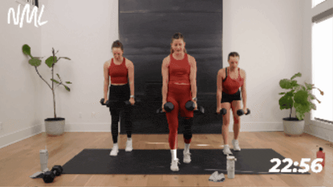 women performing a staggered deadlift with alternating back rows