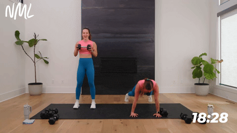 woman performing a push up plank walk and row and woman performing a modified standing chest press and row