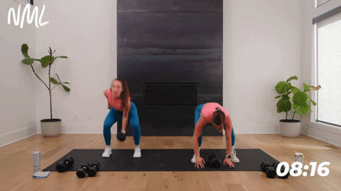 woman performing burpee snatches and woman performing alternating snatches in a full body hiit workout