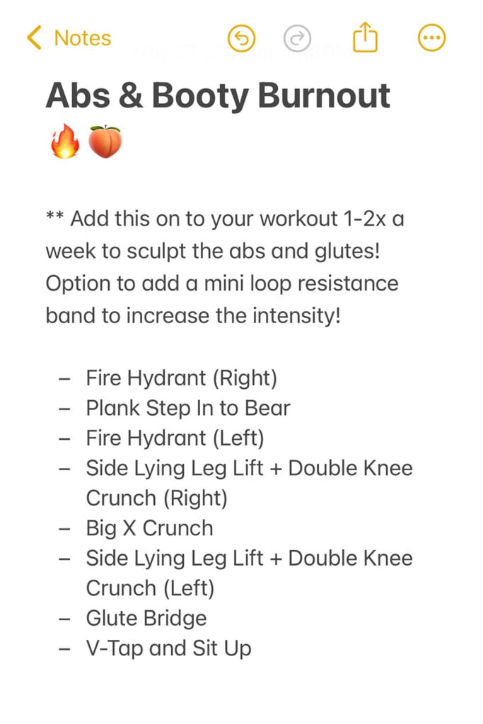 Notes App Screenshot of Ab and Booty Workout