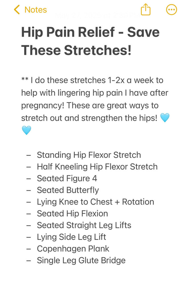 Notes app screenshot of hip pain exercises