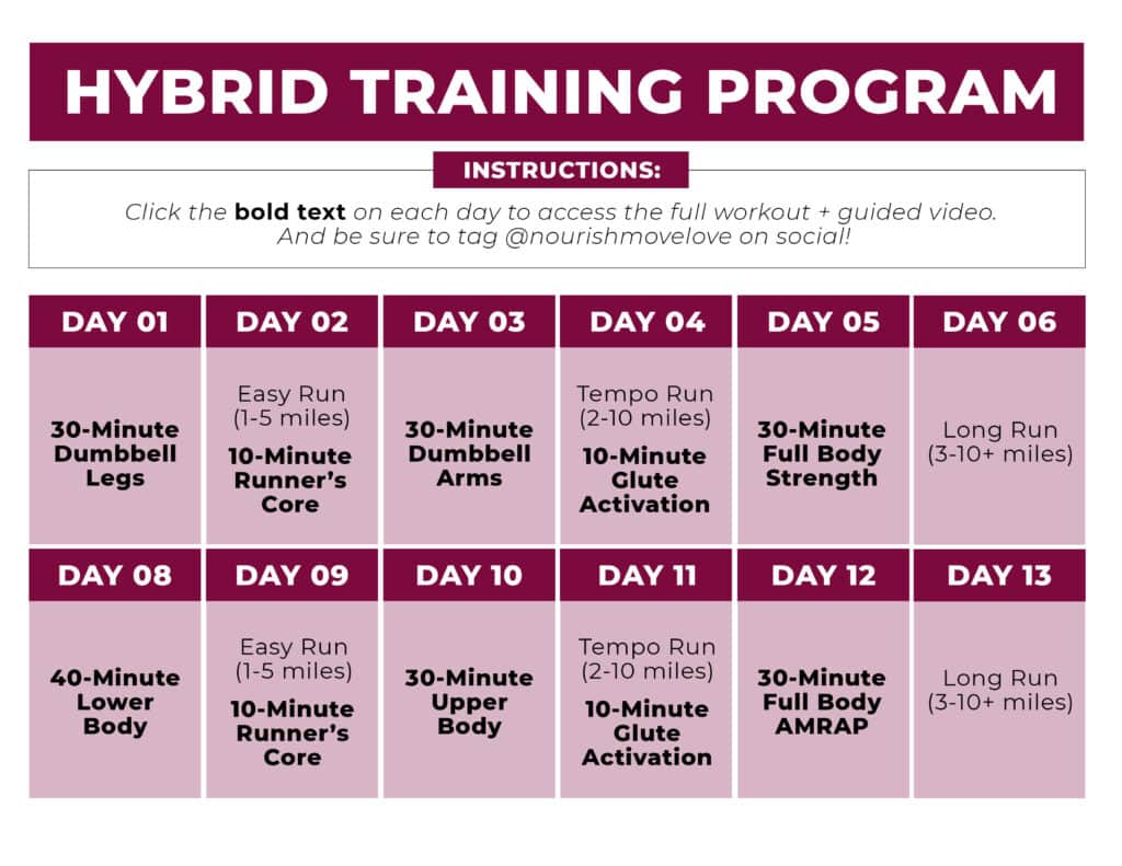 Calendar showing 2 weeks of hybrid strength training workouts and runs
