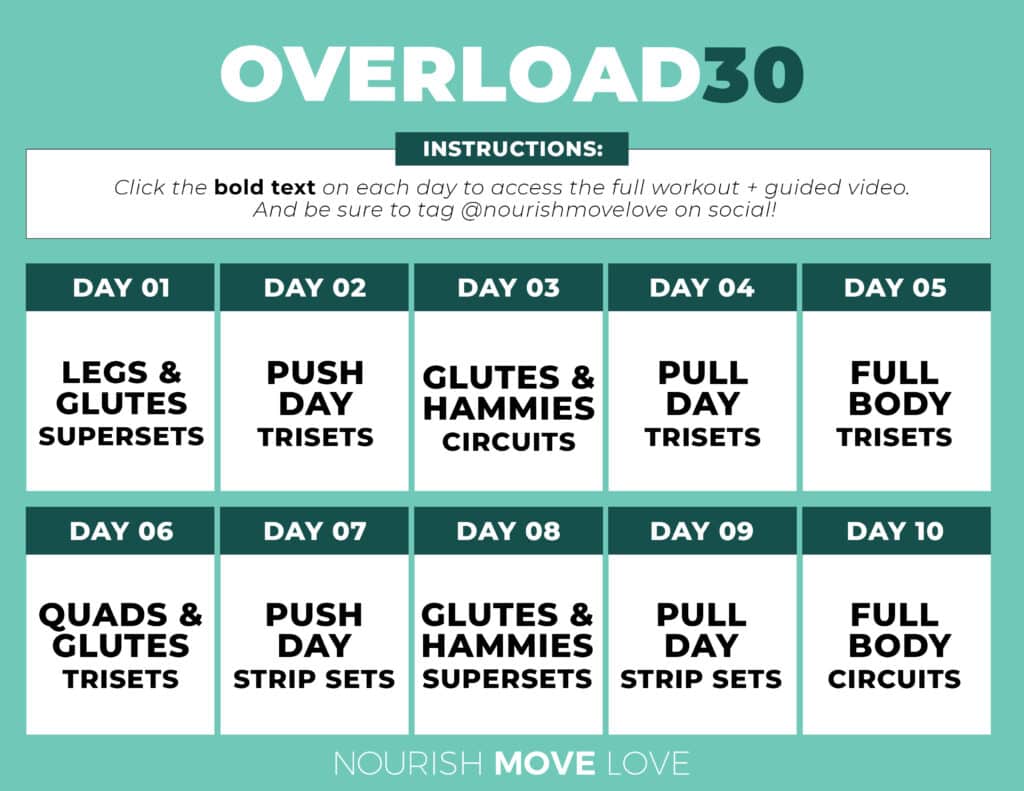 Calendar showing 2 weeks of progressive overload workouts
