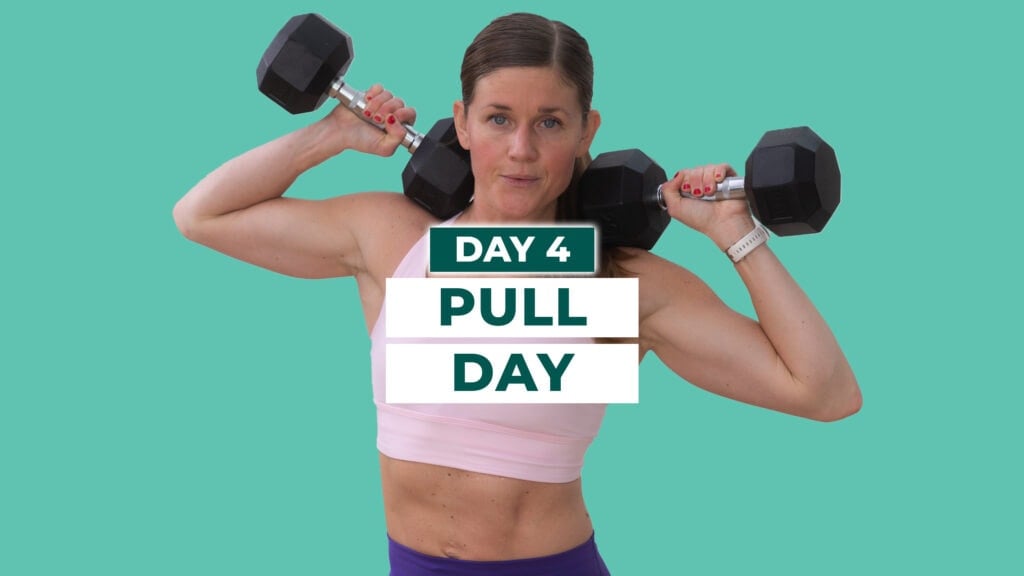 Woman holding two dumbbells at shoulders as part of bicep and back workout