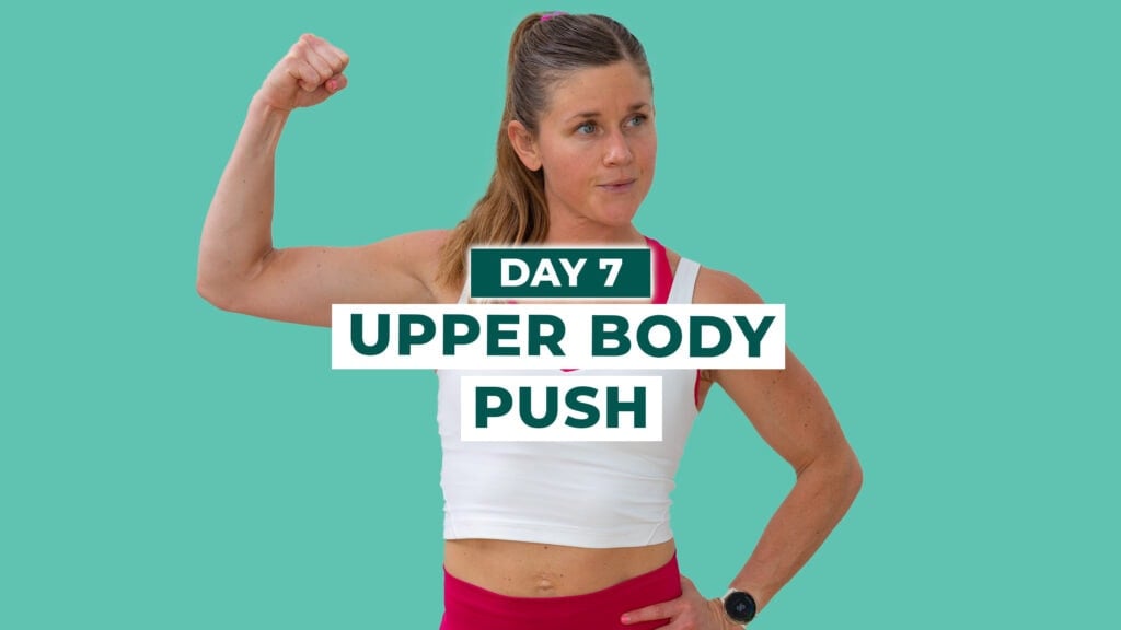 Woman flexing as part of upper body push workout