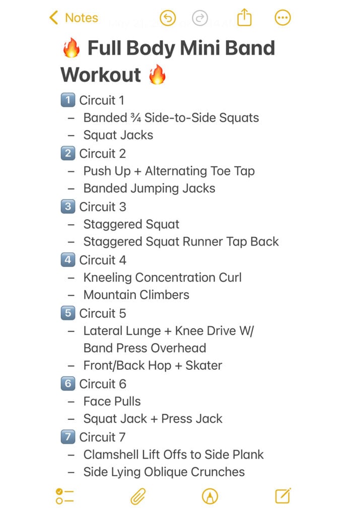 Notes app screenshot of resistance band workouts