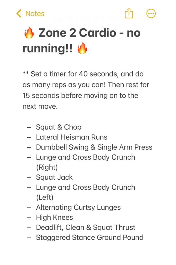 Notes app screenshot of zone 2 cardio workout