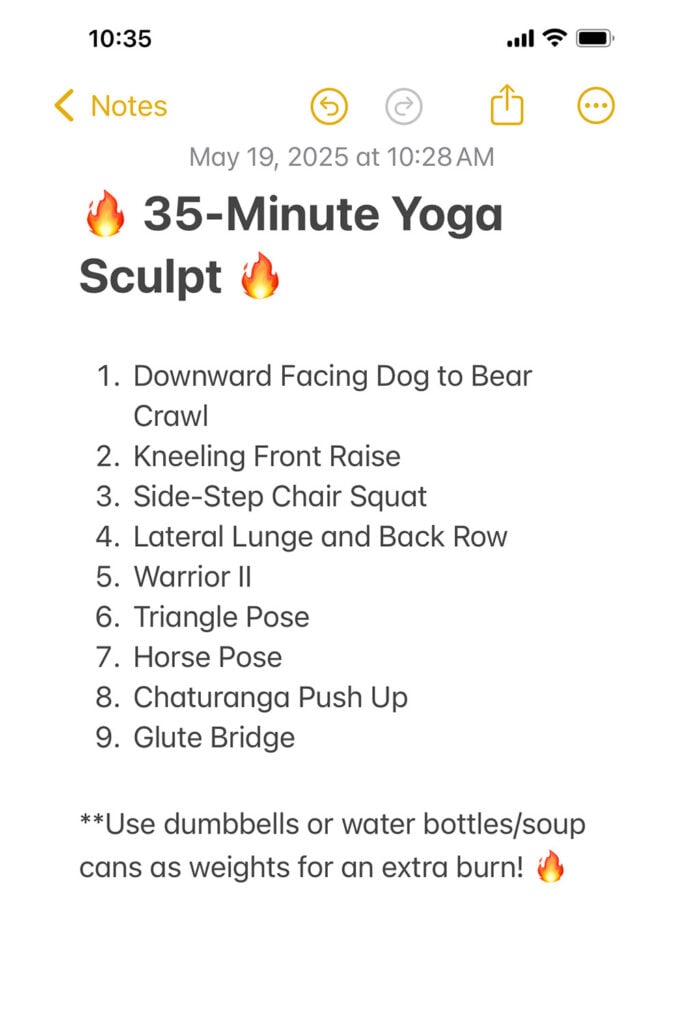 notes screenshot of yoga sculpt flow