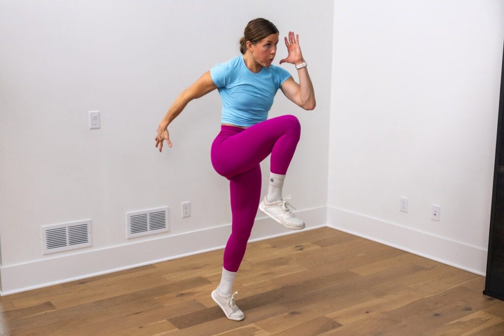 woman performing a single leg bound in a HIIT circuit
