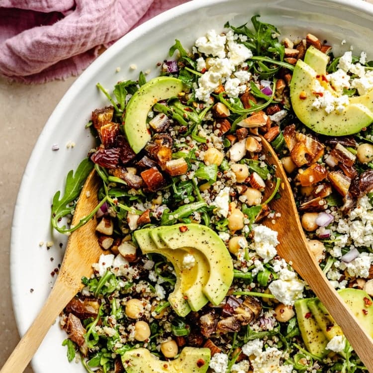 Arugula Chickpea Quinoa Salad part of a high protein salad round up.