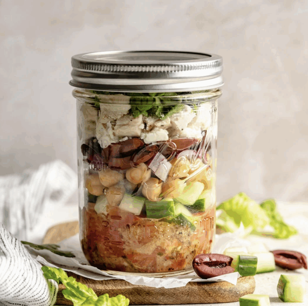 Greek Chickpea Chicken Salad stored in a mason jar.