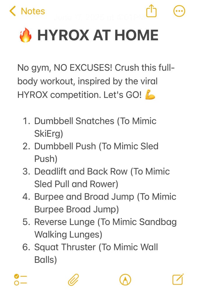 Notes app screenshot of hyrox workouts