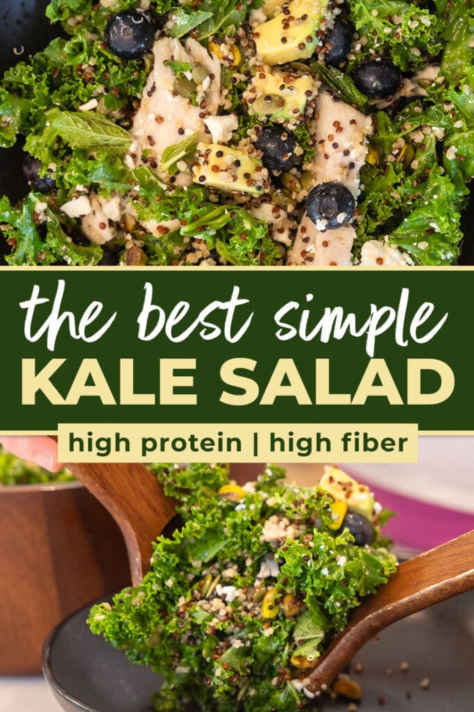 Close up shot of kale salad with lemon and quinoa 