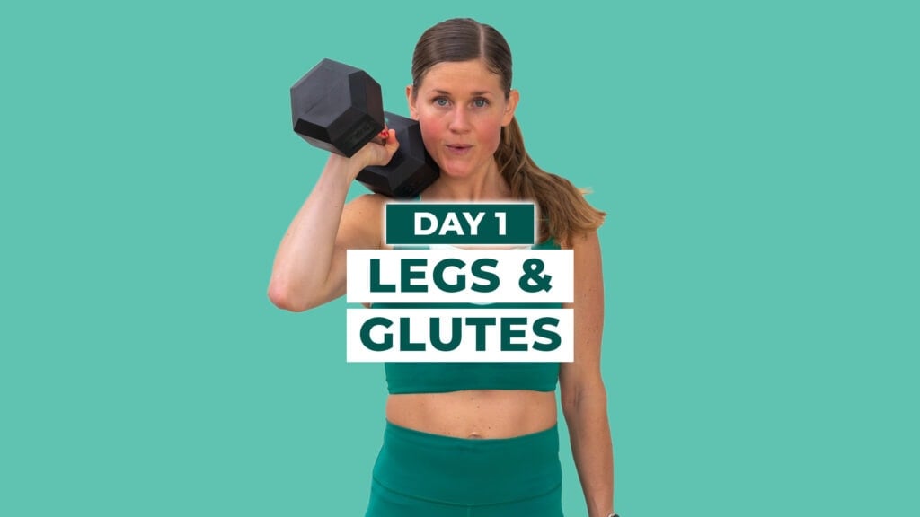 Woman holding dumbbell at shoulder as part of legs and glutes workout