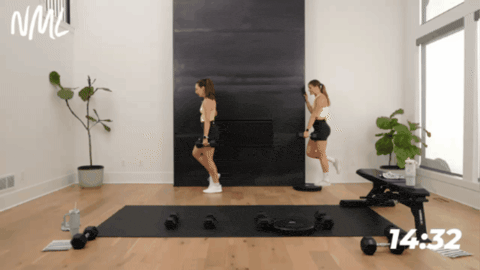 women performing calf raises as part of quad and glute workout