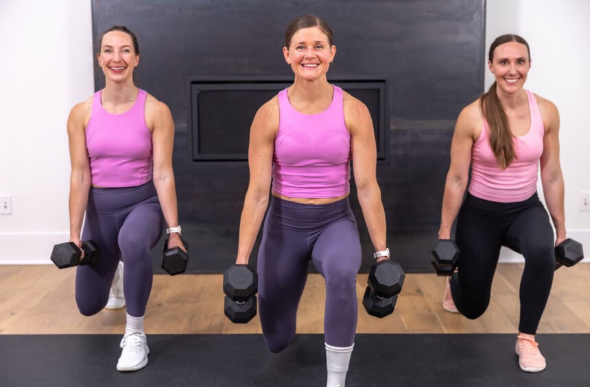 three women performing a reverse lunge as part of a full body workout at home
